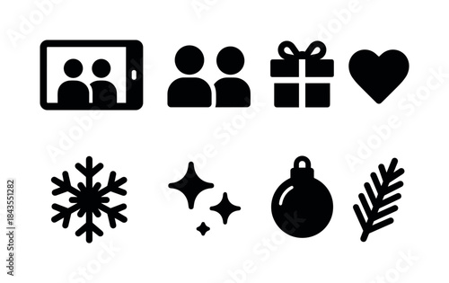 Festive Video Call Icons. Festive video call with grandparents. Filled icon set of festive video call with