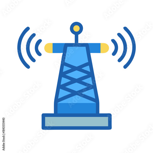 Isolated wireless communication tower icon emits signals on black