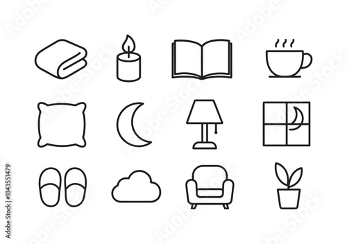 Evening Relaxation Symbols. Evening Relaxation. Line icon set of