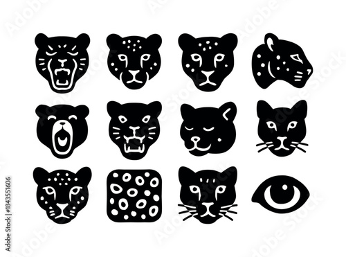 Leopard Icon Collection. Leopard faces. Solid icon set of leopar