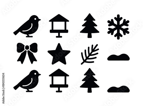Winter Forest Icon Set. Fresh snow covering forest undergrowth quietly. Filled icon set of fresh snow covering
