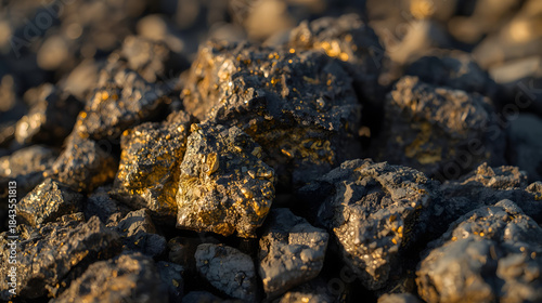 Gold-Bearing Ore Rocks with Visible Metallic Veins, Natural Mineral Texture in Warm Sunlight