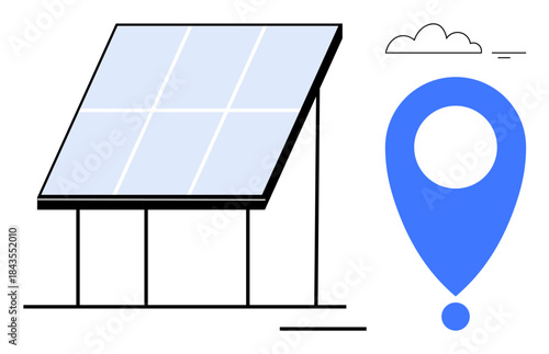 Solar energy concept. Solar panel and blue location marker highlight clean energy, renewable solutions, and sustainability. Solar energy helps power innovation and eco-conscious projects. For energy