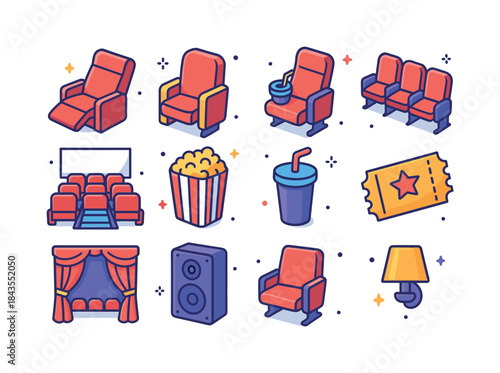 Colorful Cinema Icons. Cinema Seats. Colorful isometric vector i