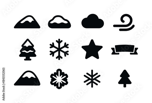 Winter Trip Icons. Holiday winter trip symbols. Filled icon set of holiday winter trip symbols: suitcase