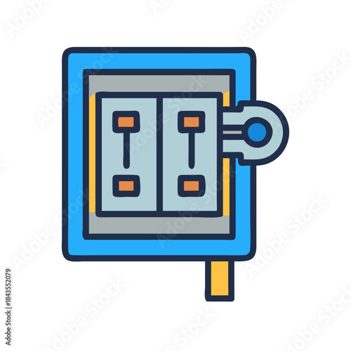 Cartoon illustration of an electrical panel with a wrench