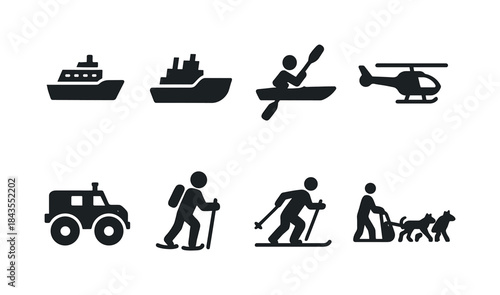 Ice Trail Icon Set. Ice trail navigation. Line outline icon set of Ice trail navigation: icy path, crampons,