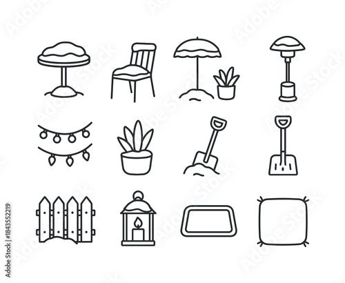 Winter Camping Essentials. Winter backpacking gear. Line outline icon set of Winter backpacking gear: backpack