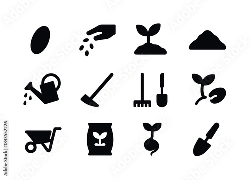 Sowing Icons Set. Sowing. Solid icon set of sowing: seed, hand s