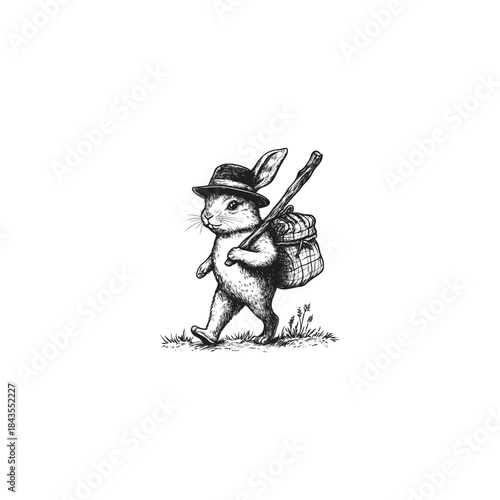 Cute traveler rabbit walking with backpack and hat, vintage hand drawn sketch illustration isolated on white background