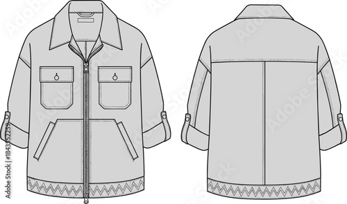 Men jacket technical fashion illustration, front and back view, zipper pockets, long sleeve outerwear 