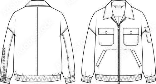 Men jacket technical flat sketch showing front and back view with zipper pockets collar cuffs and apparel design details