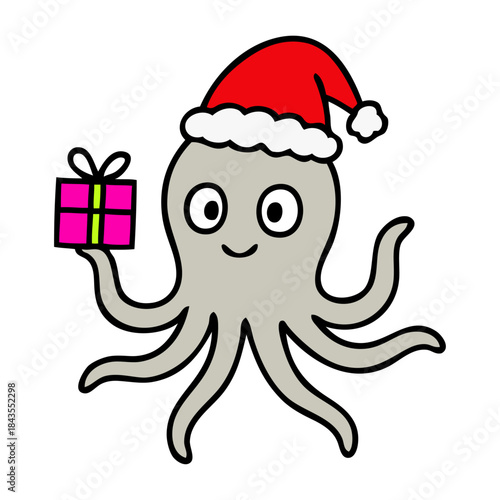 Dibujo sencillo con líneas de pulpo simpático con sombrero de Santa Claus y paquete de regalo para tarjetas y felicitaciones de Navidad
