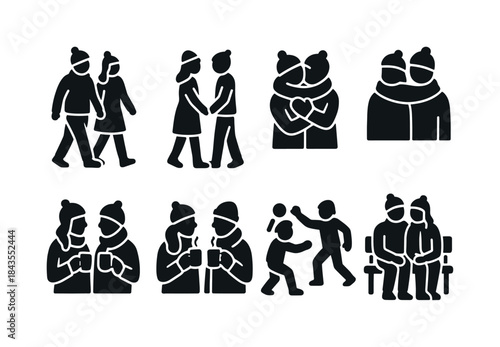 Nordic Winter Icons. Nordic winter retreat. Filled icon set of nordic winter retreat: small cabin, pine duo,