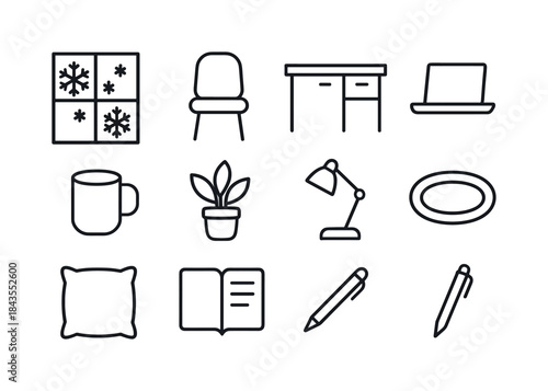 Winter Home Office Icons. Peaceful winter home office. Line outline icon set of Peaceful winter home office: