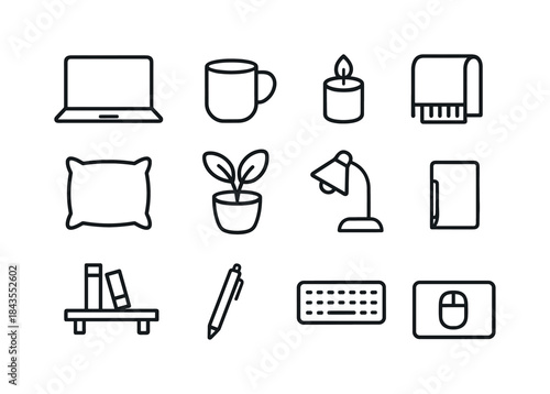Winter Desk Icons. Winter desk aesthetics. Line outline icon set of Winter desk aesthetics: laptop, mug,