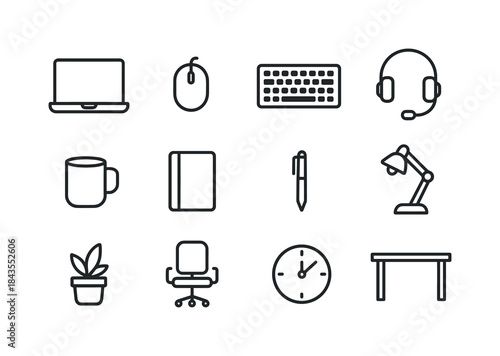 Cozy Workspace Icons. Cozy workspace setup. Line outline icon set of Cozy workspace setup: laptop, mug, candle