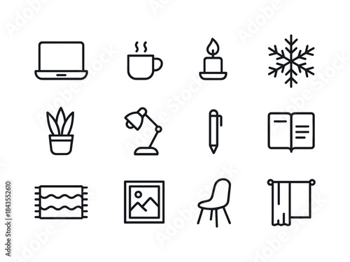 Winter Workspace Icons. Calm winter workspace. Line outline icon set of Calm winter workspace: desk, lamp, mug