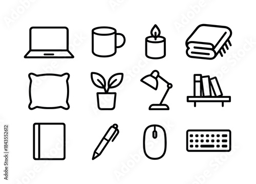 Snowy Work Icons. Remote work with a snowy view. Line outline icon set of Remote work with a snowy view: