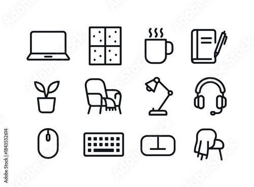 Winter Office Icon Set. Peaceful winter home office. Line outline icon set of Peaceful winter home office: