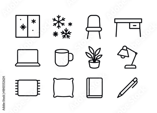 Work-from-Home Icons. Work-from-home essentials. Line outline icon set of Work-from-home essentials: laptop,
