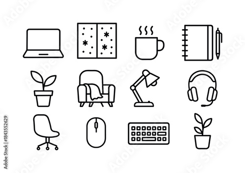 Winter Workspace Icons. Calm winter workspace. Line outline icon set of Calm winter workspace: desk, lamp, mug