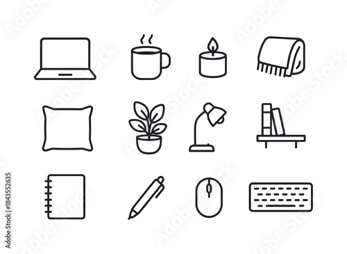 Winter Desk Icons. Winter desk aesthetics. Line outline icon set of Winter desk aesthetics: laptop, mug,