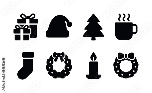 Winter Office Icons. Peaceful winter home office. Line outline icon set of Peaceful winter home office: window