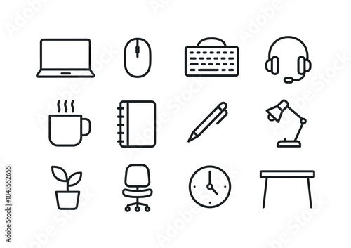 Winter Home Office Icons. Peaceful winter home office. Line outline icon set of Peaceful winter home office:
