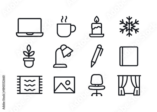 Cozy Workspace Icons. Cozy workspace setup. Line outline icon set of Cozy workspace setup: laptop, mug, candle
