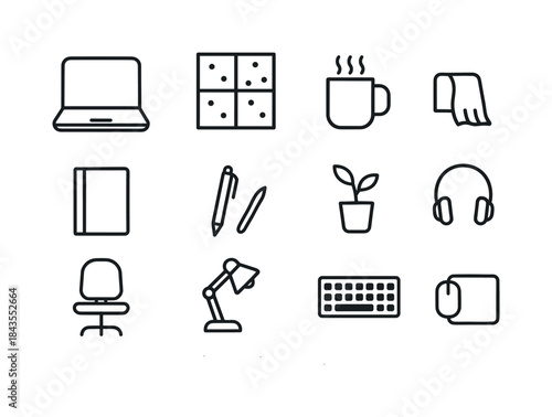 Calm Winter Workspace Icons. Calm winter workspace. Line outline icon set of Calm winter workspace: desk, lamp