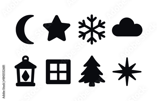 Christmas Icon Set. Christmas morning scene. Filled icon set of christmas morning scene: gift boxes, santa hat