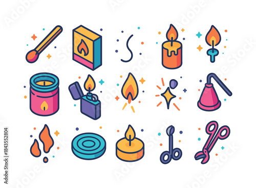 Colorful Candle Icons. Lighting a Candle. Colorful isometric vec