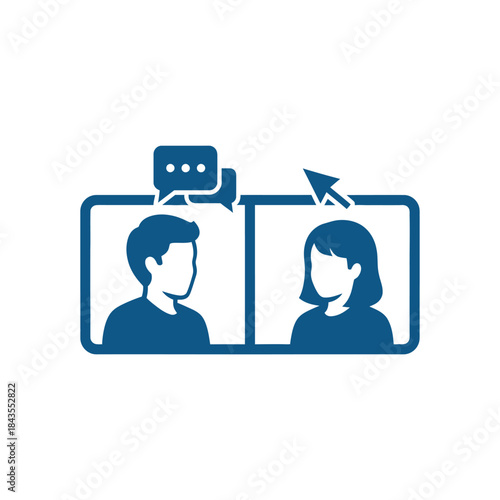 Digital communication between a man and woman via video call with icons representing chat and