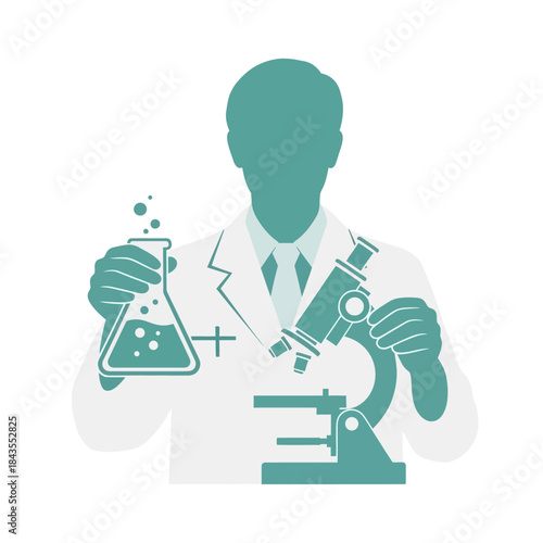 scientist conducting laboratory research with microscope and chemical flask in a modern lab setting
