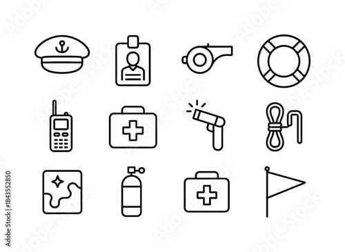 Boat Safety Icons Set. Boat crew and safety. Line icon set of bo