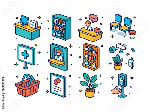 Pharmacy Icon Grid. Pharmacy Interior. Colorful isometric vector
