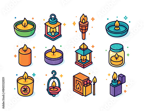 Colorful Outdoor Candle Icons. Outdoor candles. Colorful isometr