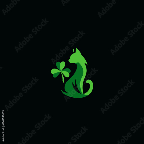Stylized green cat silhouette with shamrock design on black background