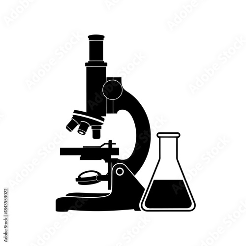 silhouette of a microscope with a laboratory flask representing scientific research and laboratory