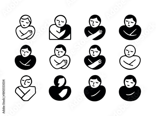 Self-Love Icon Variations. A person hugging themselves, practici