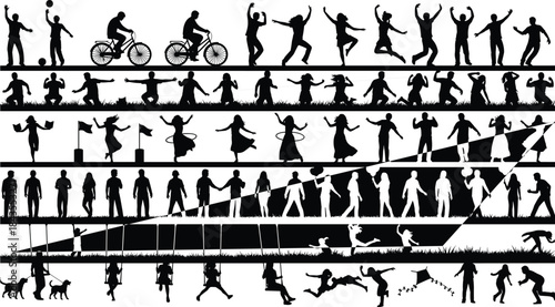 Active Black Silhouettes of Diverse People Performing Sports, Dancing, Cycling, Playing, and Walking, Isolated Vector Collection on White Background, Outdoor Park Concept