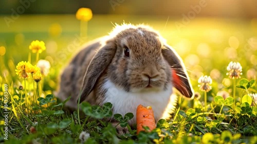 陽だまりの小さなごちそう：にんじんをくわえた垂れ耳うさぎ