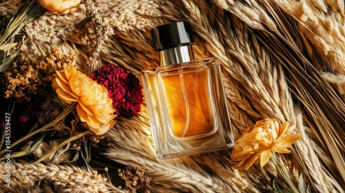 Elegant amber perfume bottle surrounded by natural elements
