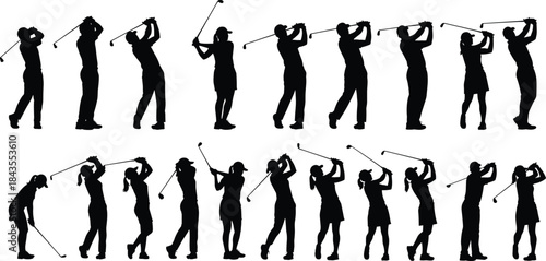 Dynamic Action Poses of Men and Women Golfers Swinging Clubs, Ideal for Sports Graphics and Golf Event 
