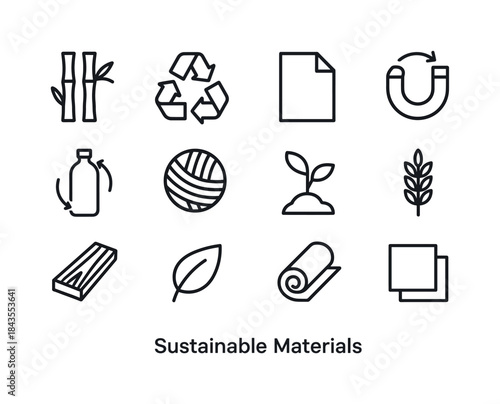 Sustainable Material Icons. Sustainable Materials. Line icon set