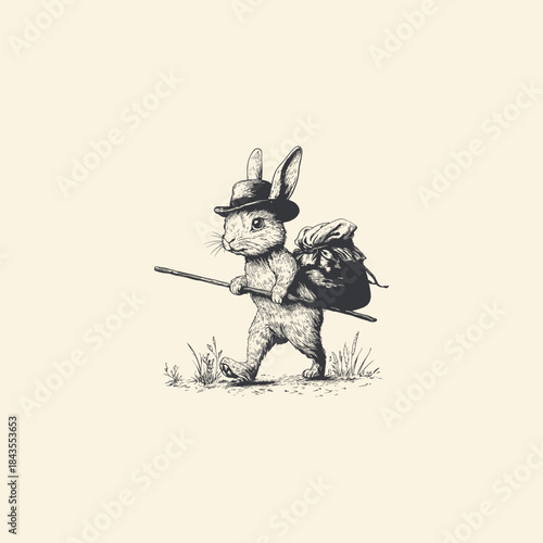 Cute traveler rabbit walking with backpack and hat, vintage hand drawn sketch illustration isolated on white background