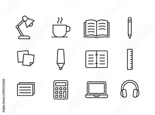 Study Icon Set. Study essentials. Line icon set of Study essenti