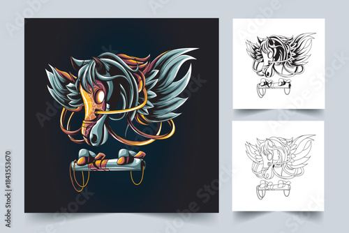 Mythical Horse Cyberpunk Head Mascot with Wings and Controller 