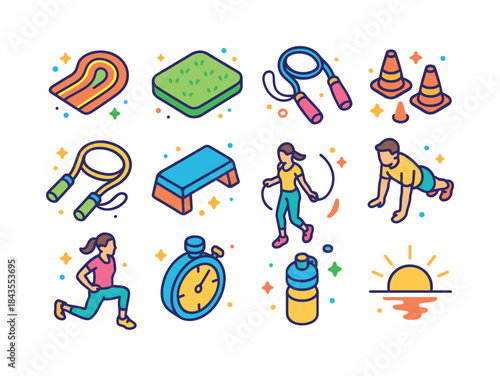 Outdoor HIIT Icons. Outdoor HIIT. Colorful isometric vector icon